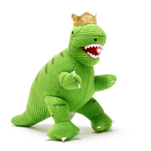 Knitted King T Rex Dinosaur with Crown Green Plush Toy