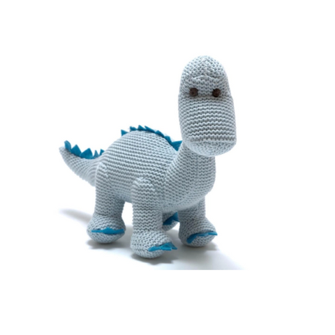 Knitted Diplodocus Dinosaur Baby Rattle Soft Toy - Baby Blue